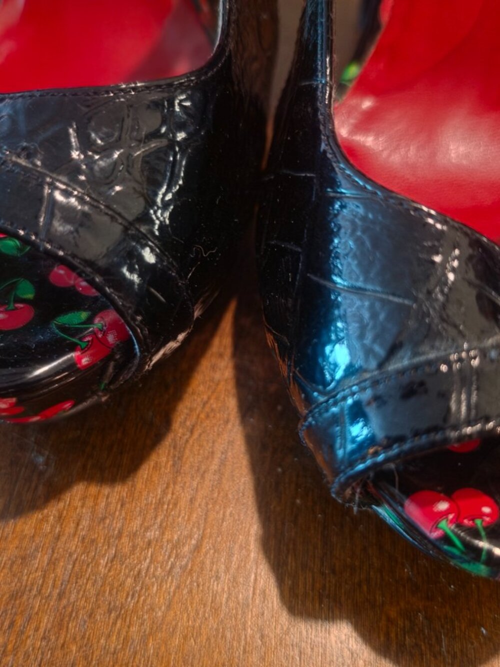 Pin‑Up Couture Black Croc Peep‑Toe Heels — Cherry Lining — Double Buckle Straps - Picture 2 of 4